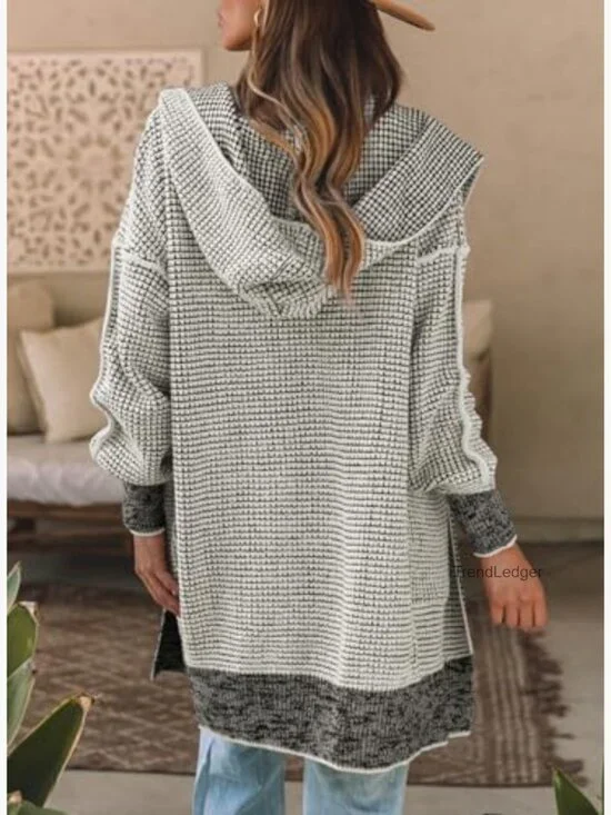 Oversized Hooded Cardigan Sweater Open Front Chunky Knit Plaid Coat - Picture 4 of 7